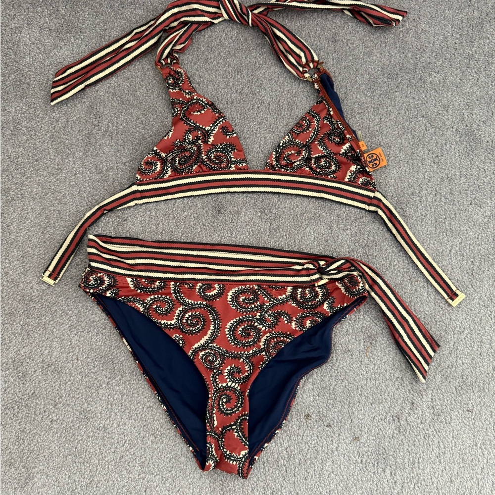 Tory Burch Navy and Rust Striped Bikini